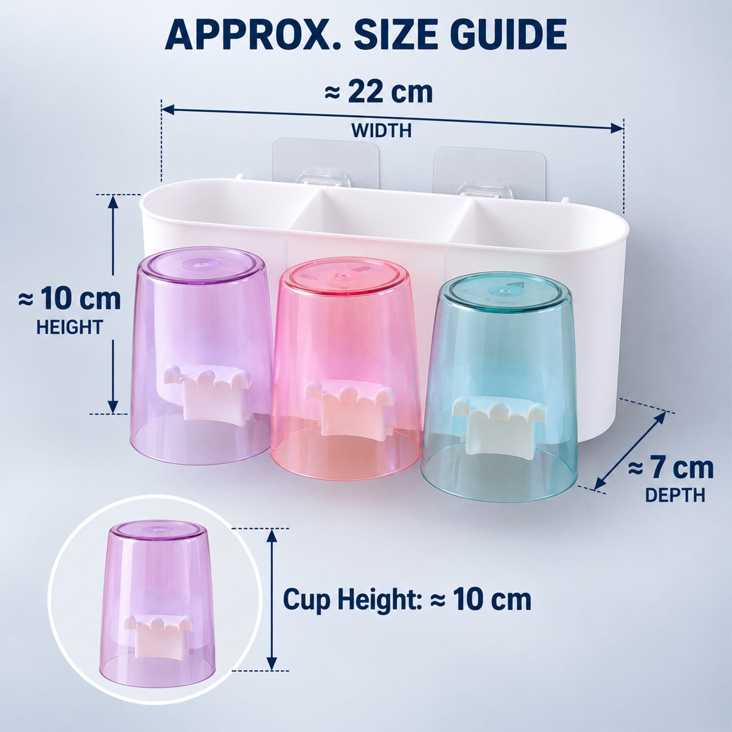 White wall-mounted organizer with three colored cups, displaying approximate dimensions of width, height, and cup height.
