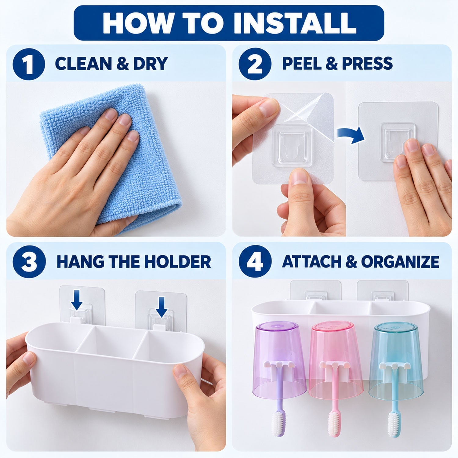Four-step installation guide showing cleaning, peeling adhesive, hanging the holder, and attaching the cups with
