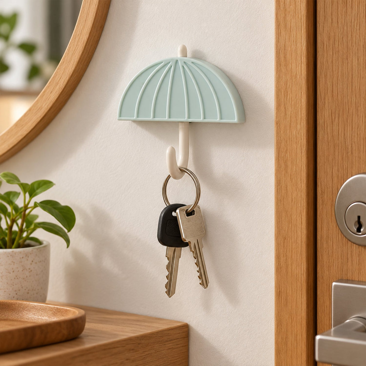 Light green umbrella-shaped hook holding two silver keys on a white wall next to a wooden door and mirror.