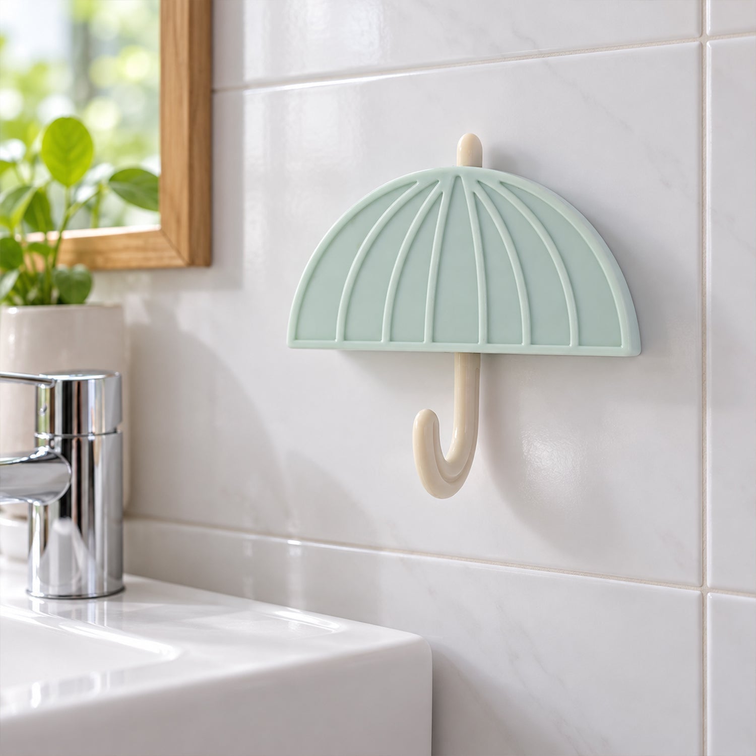 Pastel green umbrella hook mounted on white tiled bathroom wall above a sink faucet.