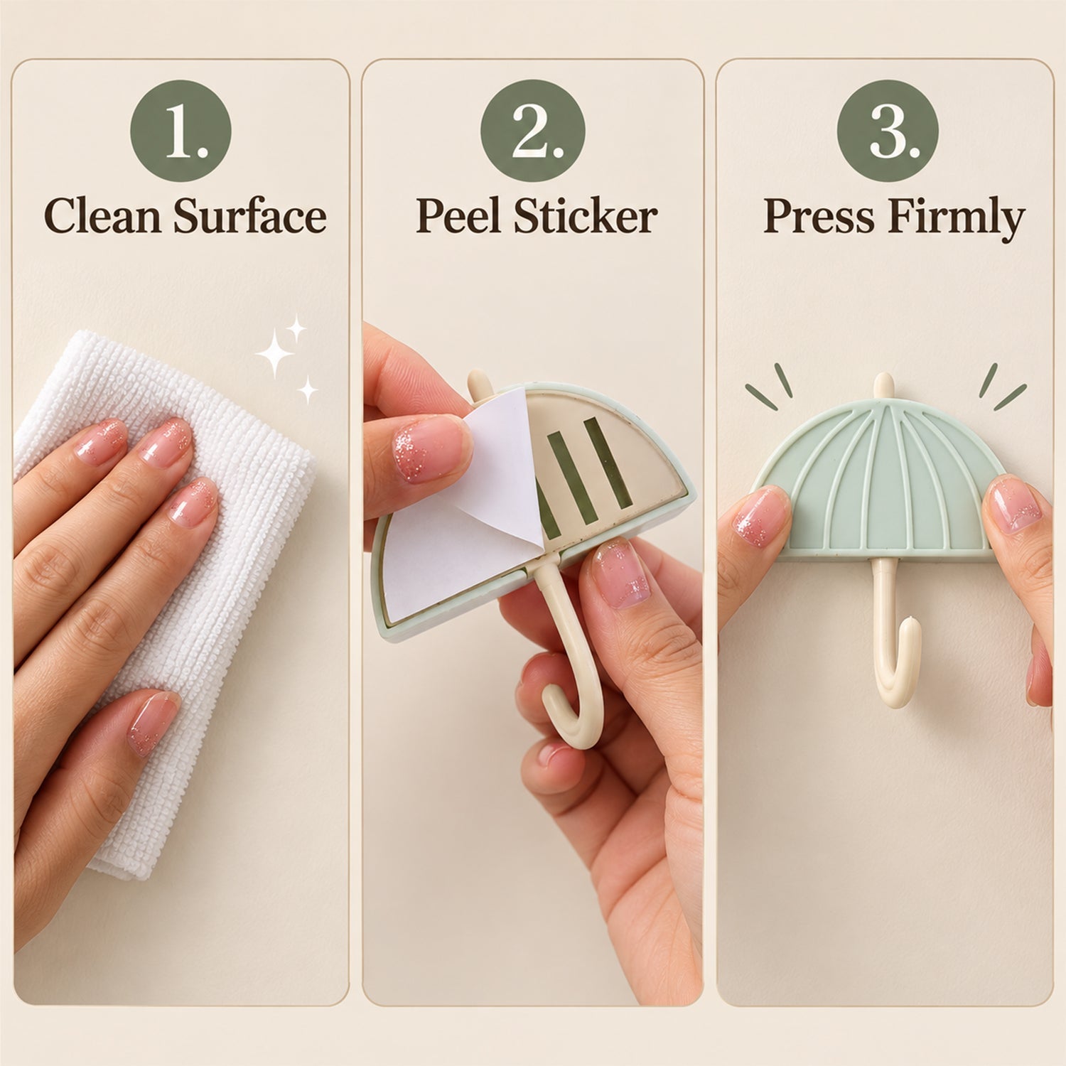 Three-step instruction guide showing cleaning surface, peeling sticker, and pressing the hook firmly.