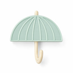 Front view of a mint green umbrella-shaped wall hook with a cream handle on a white background.