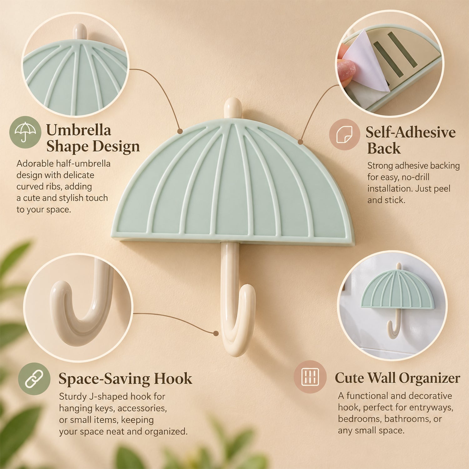 Infographic detailing the umbrella shape, self-adhesive back, space-saving hook, and cute wall organizer features.
