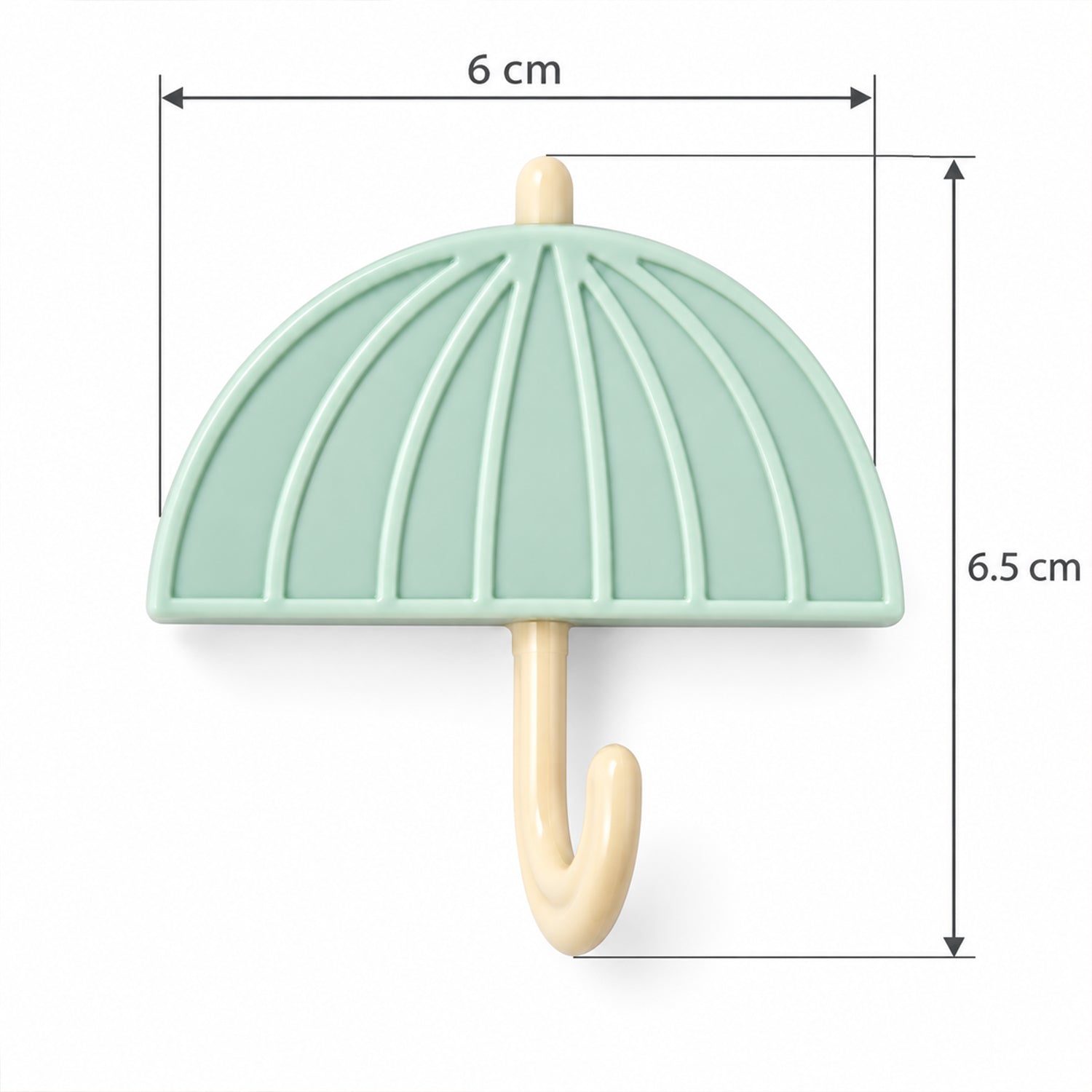 Umbrella-shaped hook with dimensions of 6 cm width and 6.5 cm height displayed on a white surface.