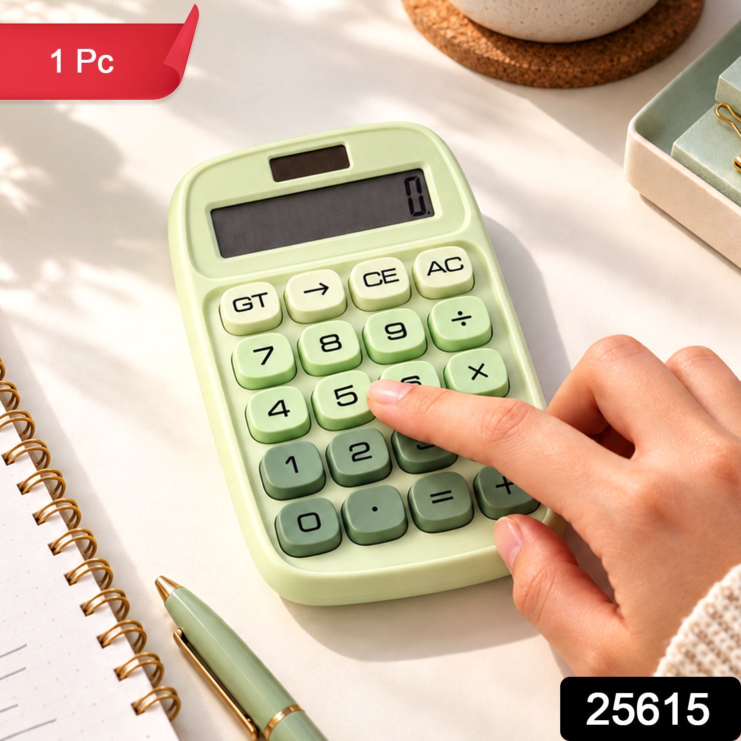 A light green calculator with dark green keys is shown with text overlays highlighting its wide LCD, solar panel, large