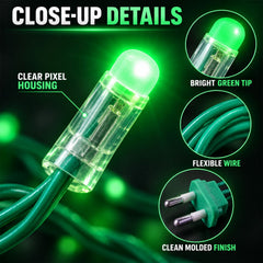 Close-up details of the green LED string lights, highlighting the clear pixel housing and flexible wire.