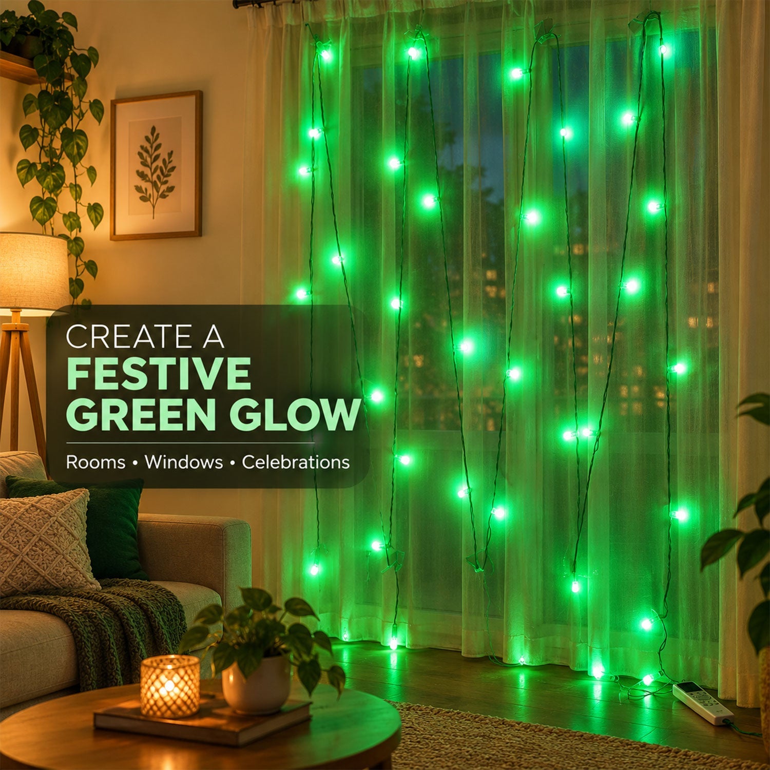 Green LED string lights create a festive glow on sheer curtains in a cozy living room setting.