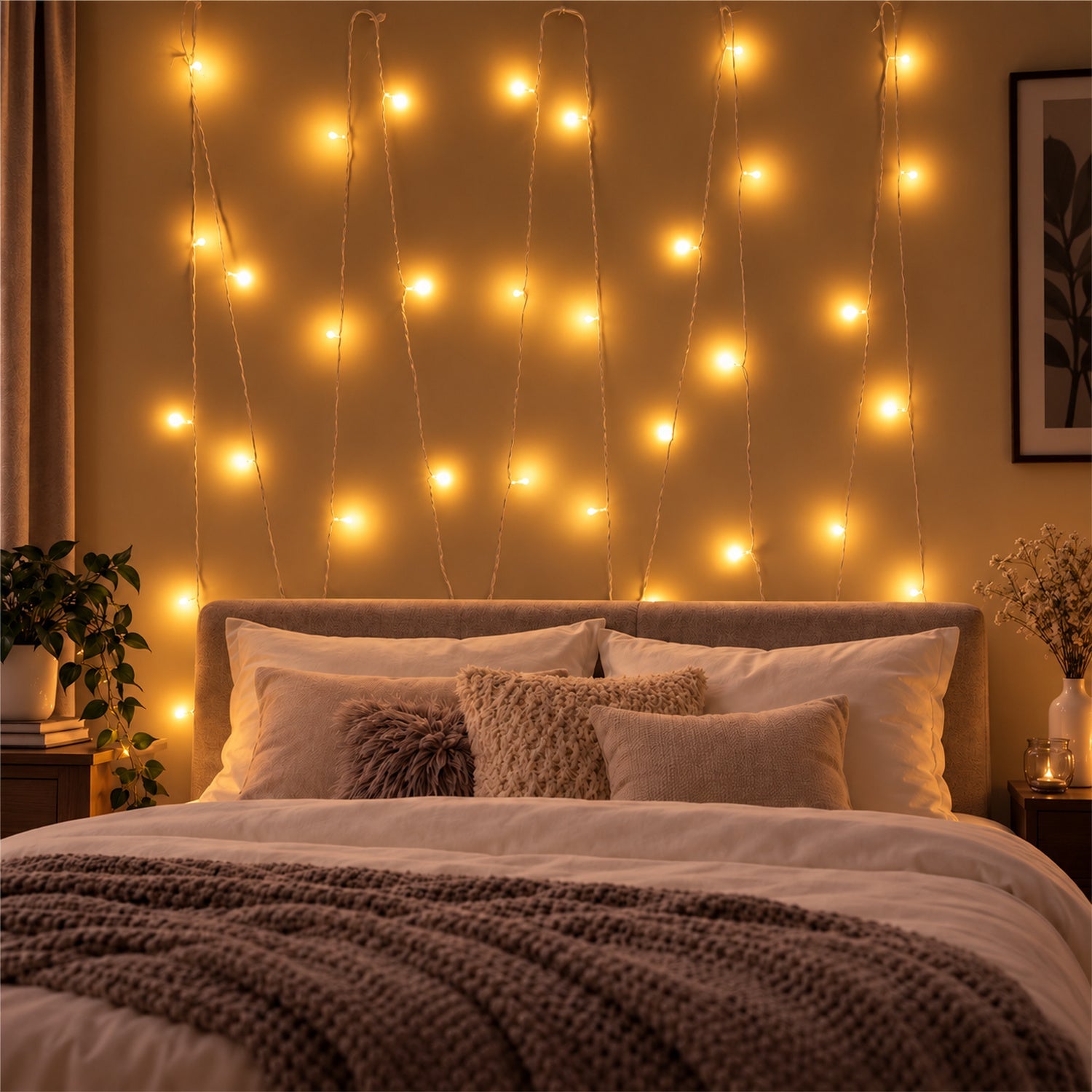A bedroom wall adorned with vertical strands of warm yellow LED string lights above a bed with pillows and a blanket.