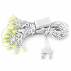 A coiled white LED string light set with clear bulbs and a power adapter, featuring a two-pin plug on a white background.