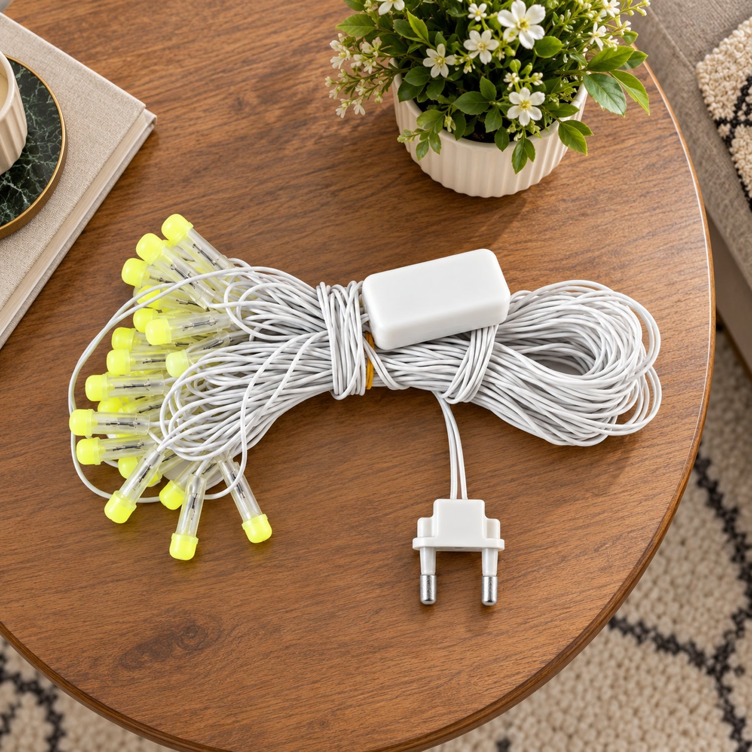 A coiled white LED string light set with clear bulbs and a power adapter, resting on a wooden table next to a potted plant.