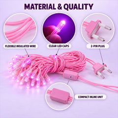 Detailed view of pink LED curtain lights, highlighting the flexible wire, clear caps, and 2-pin plug components.