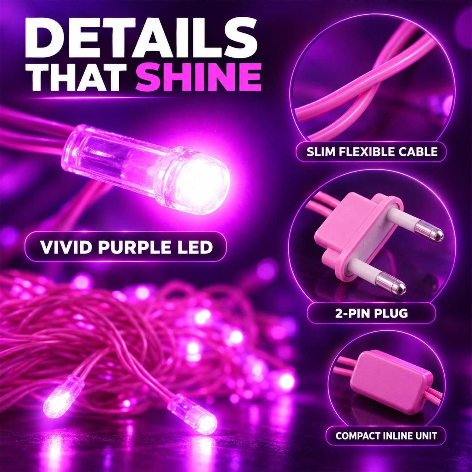 Close-up of a vivid purple LED light and a pink 2-pin plug, with coiled pink wire in the background.