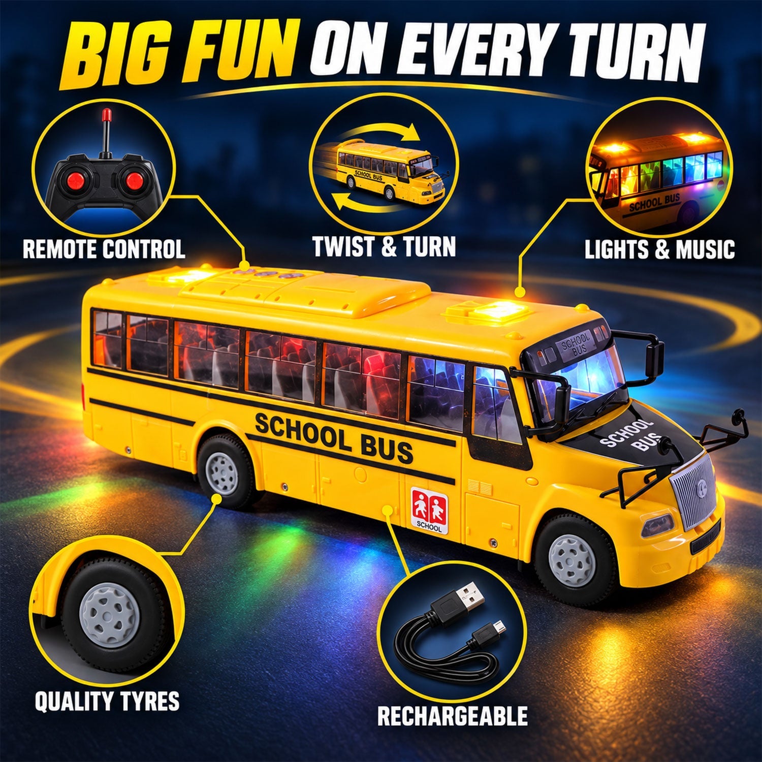 An illuminated yellow school bus toy with text overlays highlighting its remote control, twist function, lights, music,