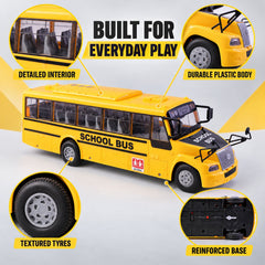 A yellow school bus toy with callouts showing its detailed interior, durable plastic body, textured tires, and reinforced