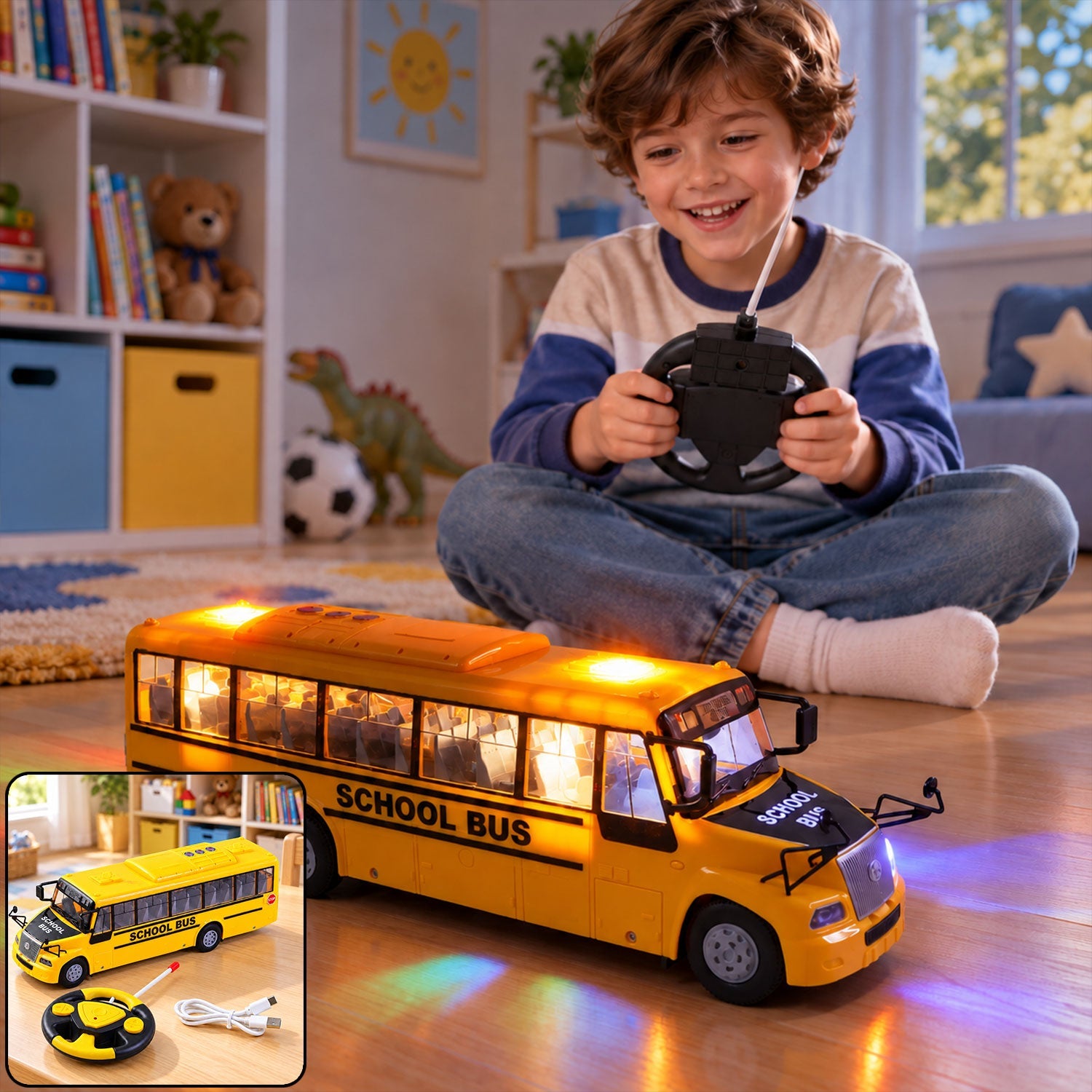 A young boy operates a glowing yellow school bus toy with a black steering wheel remote control.