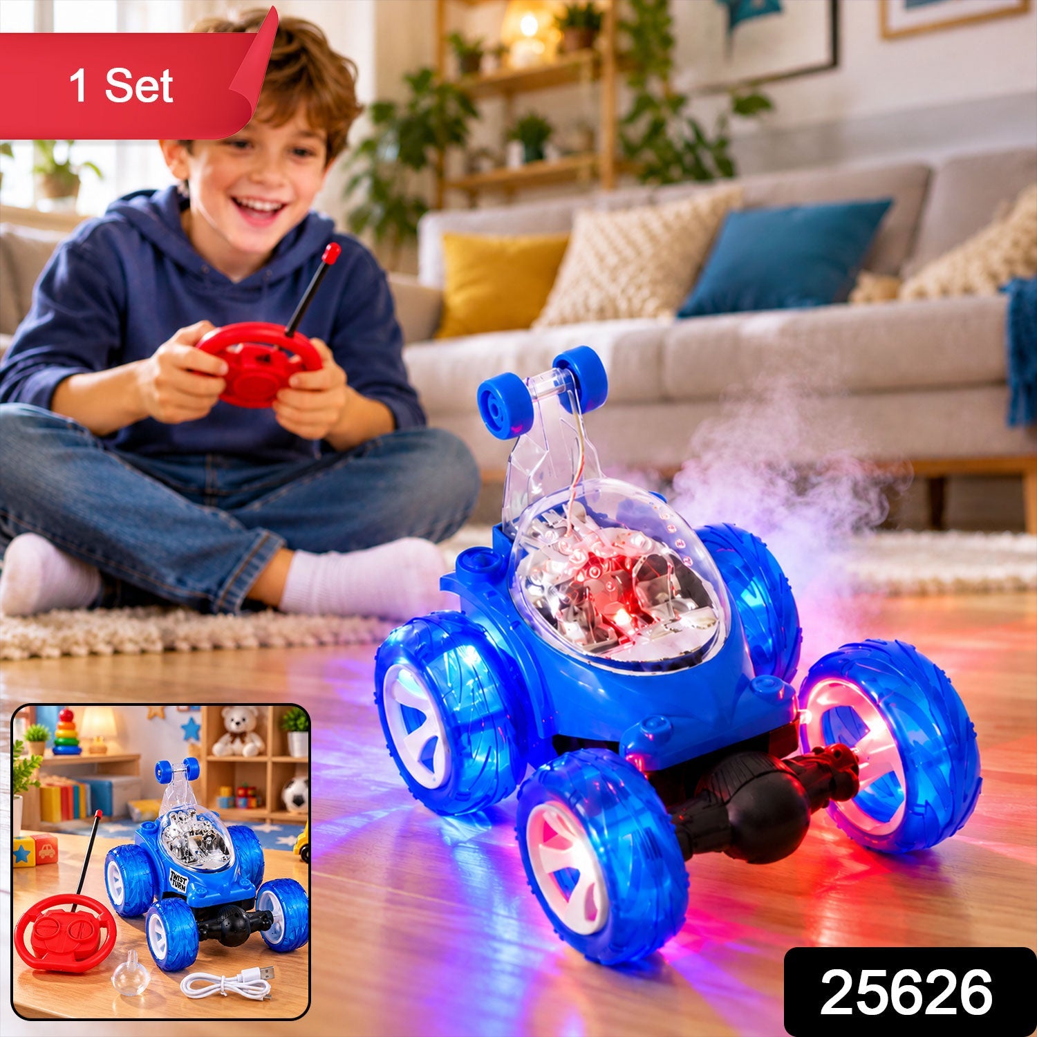 A boy plays with a blue remote control stunt car, with a small inset showing the car and remote.