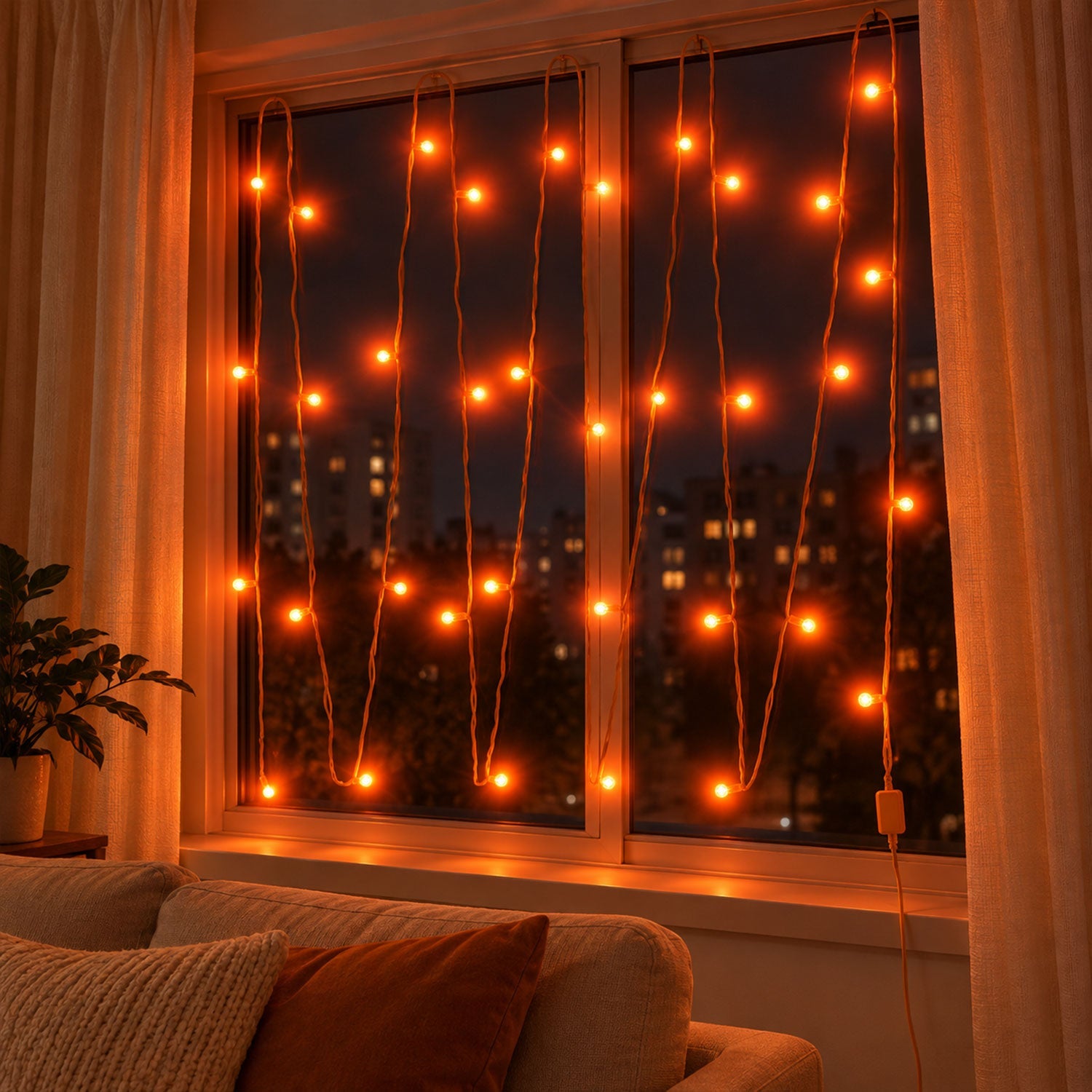 A cozy living room features orange LED curtain lights on a window, casting a warm glow.
