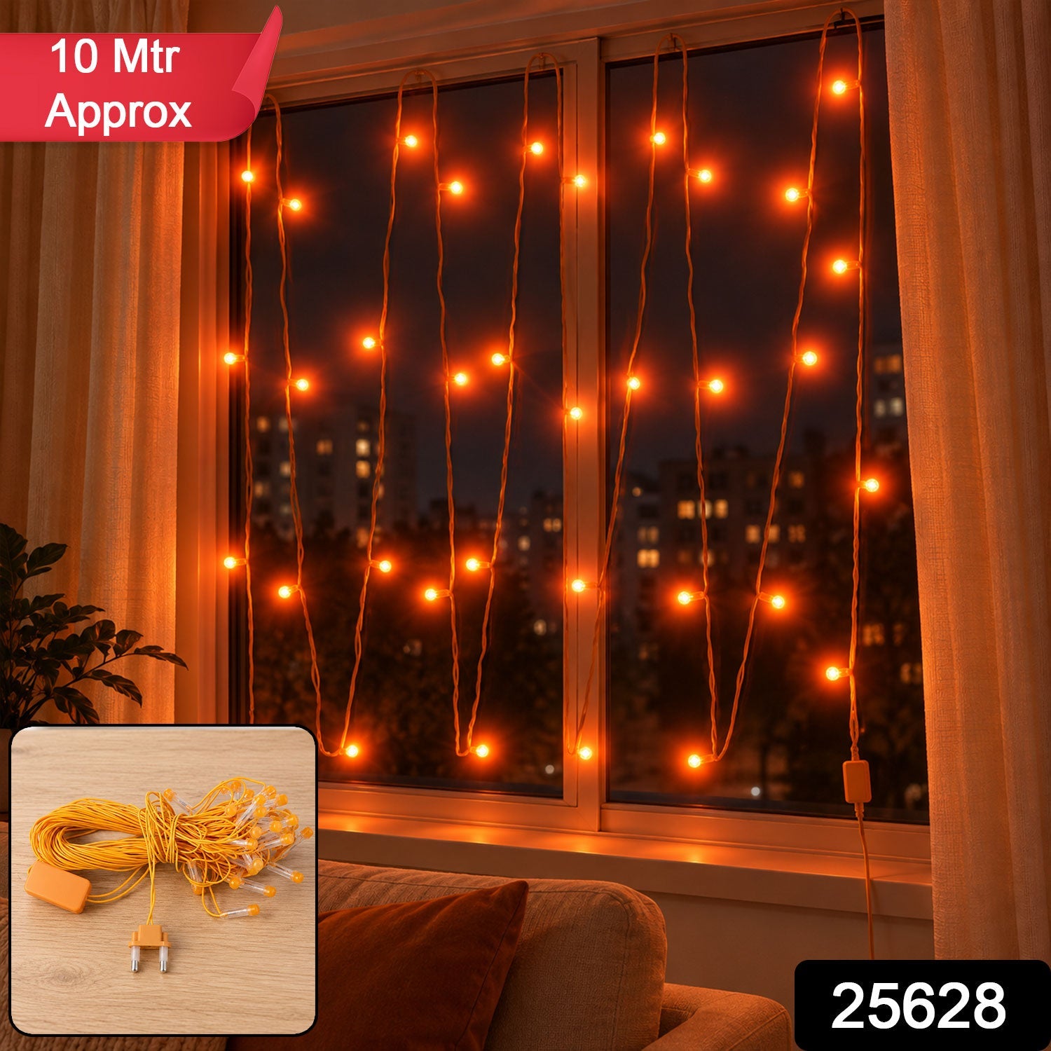 Glowing orange LED curtain lights adorn a window at night, with a coiled set and a length label.