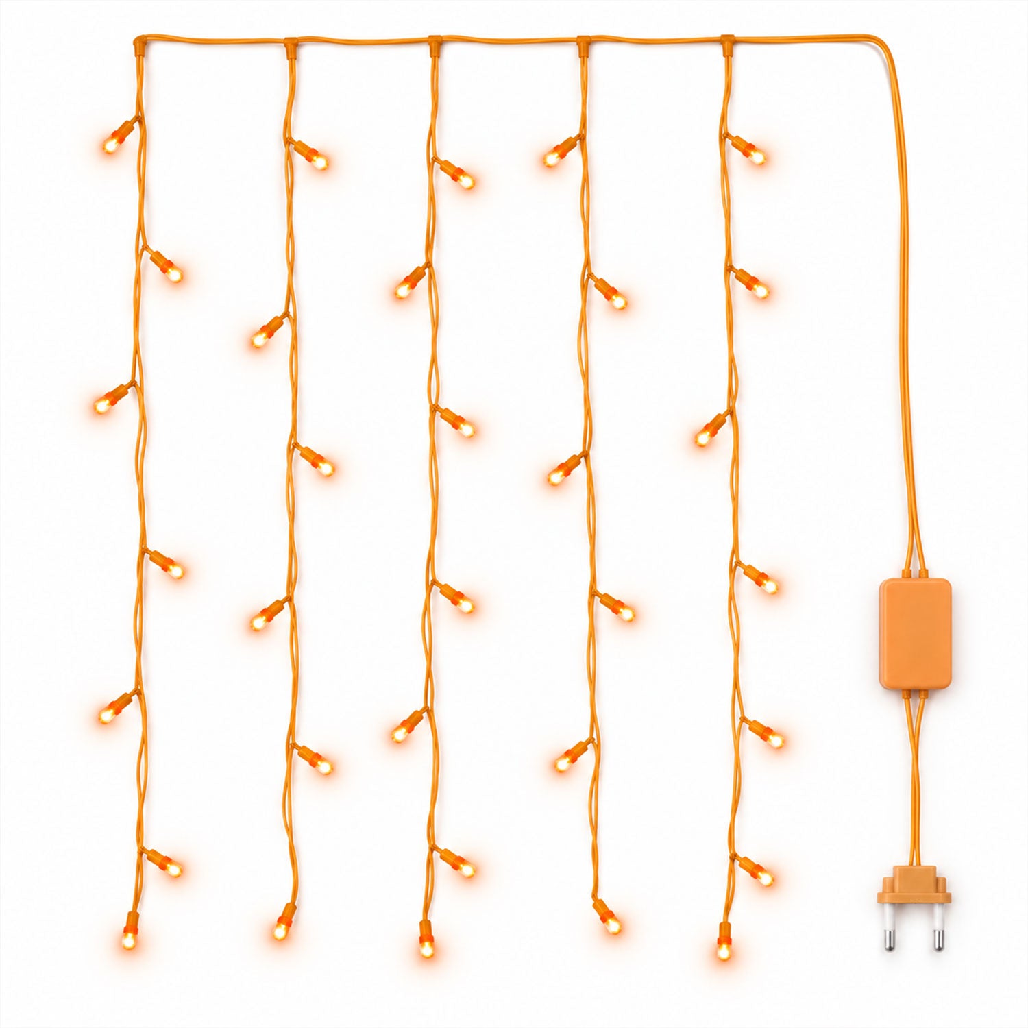A full view of the orange LED curtain lights, neatly arranged and illuminated on a white surface.