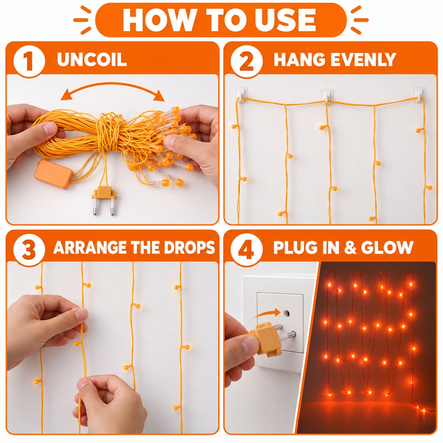 Four step-by-step instructions demonstrate how to uncoil, hang, arrange, and plug in the lights.