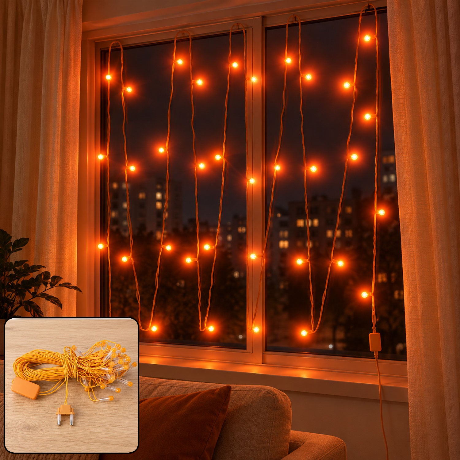 Orange LED curtain lights illuminate a window at night, with a coiled set of lights in the corner.