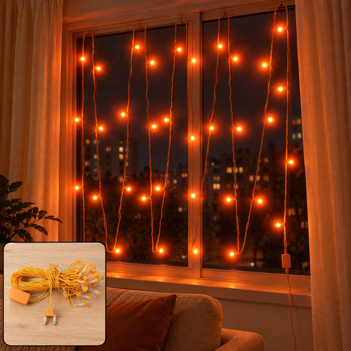 Orange LED curtain lights illuminate a window at night, with a coiled set of lights in the corner.