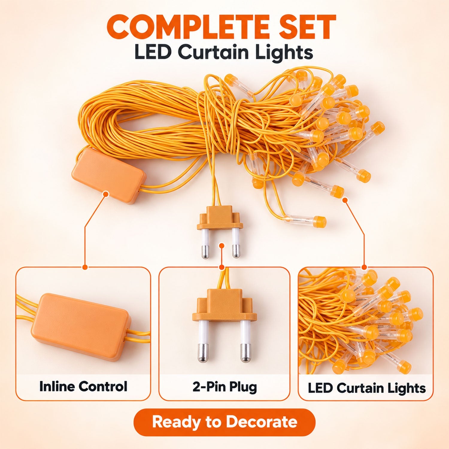 A complete set of orange LED curtain lights, highlighting the inline control, plug, and light strands.