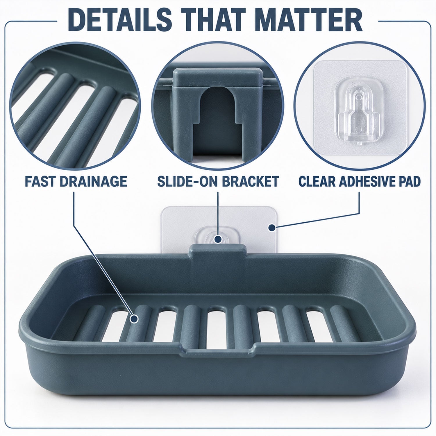 Wall mounted draining soap dish set - adhesive bracket and drainage details