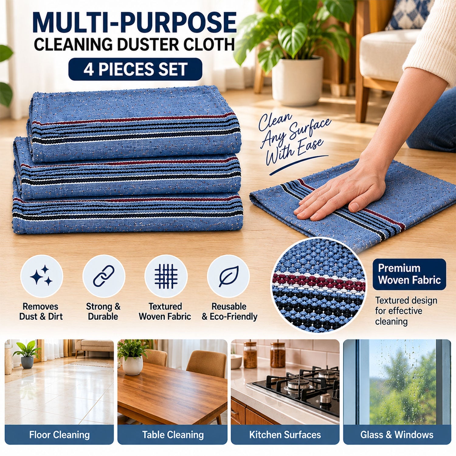 A hand cleans a wooden floor with a blue cloth, three folded cloths are stacked nearby.