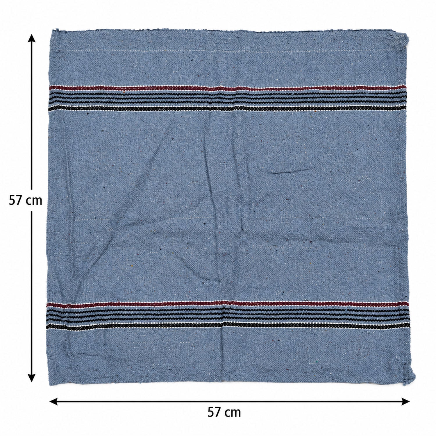 A single blue woven cloth with striped borders is spread out, showing its 57x57 cm dimensions.