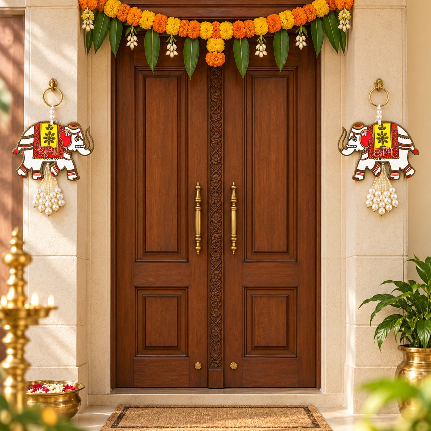 Two ornate elephant hangings with pearl tassels flank a dark wooden door decorated with marigold garlands.