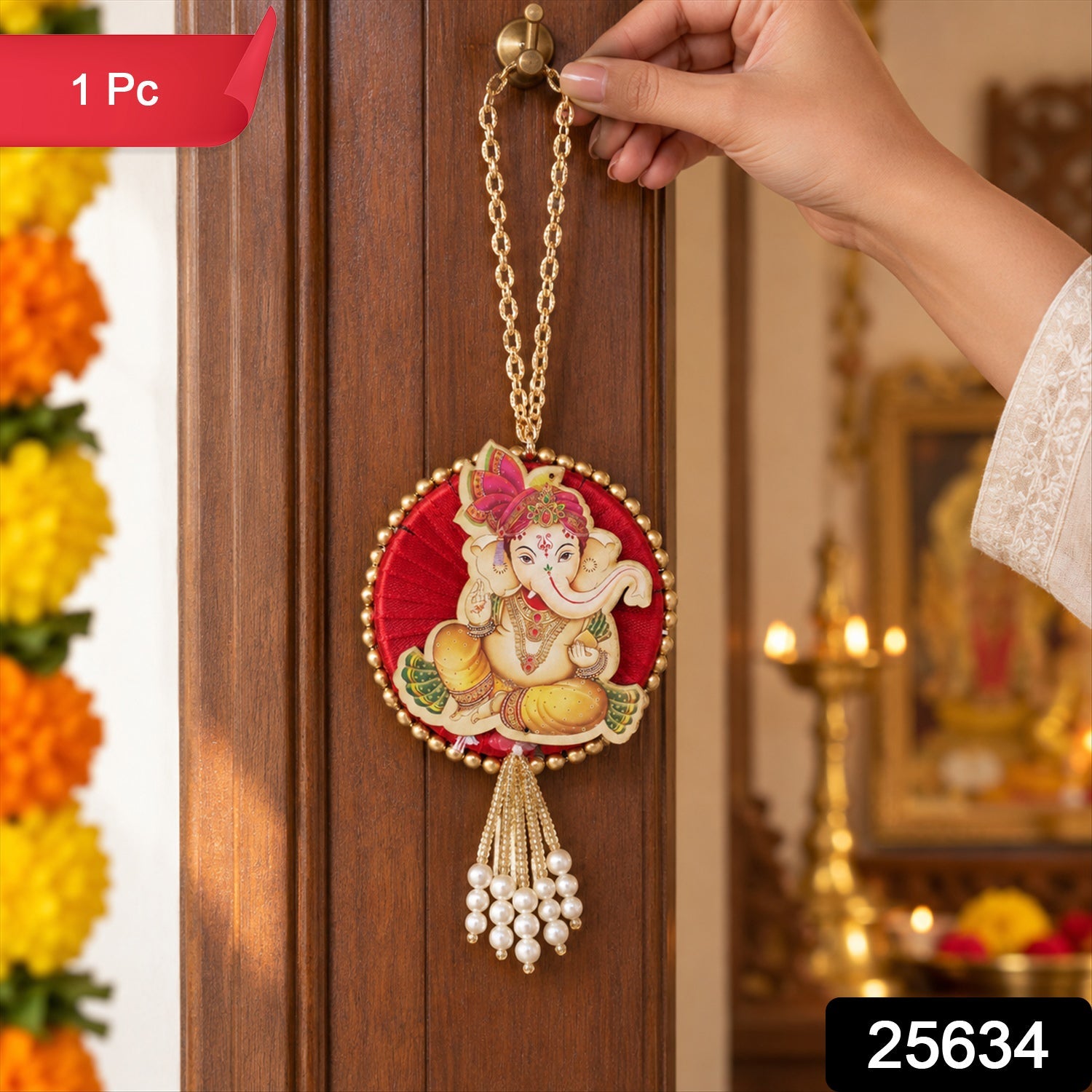 Ganesh decorative hanging with chain and bead tassels - SKU photo