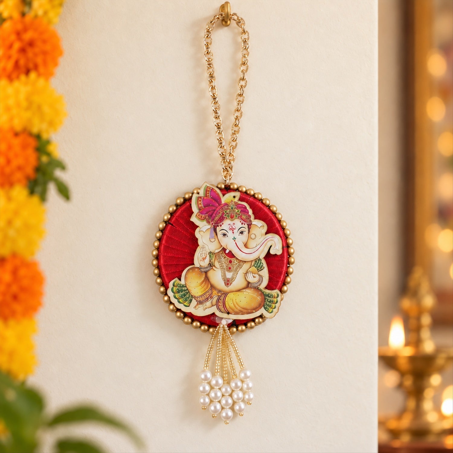 Ganesh decorative hanging with chain and bead tassels - wall display
