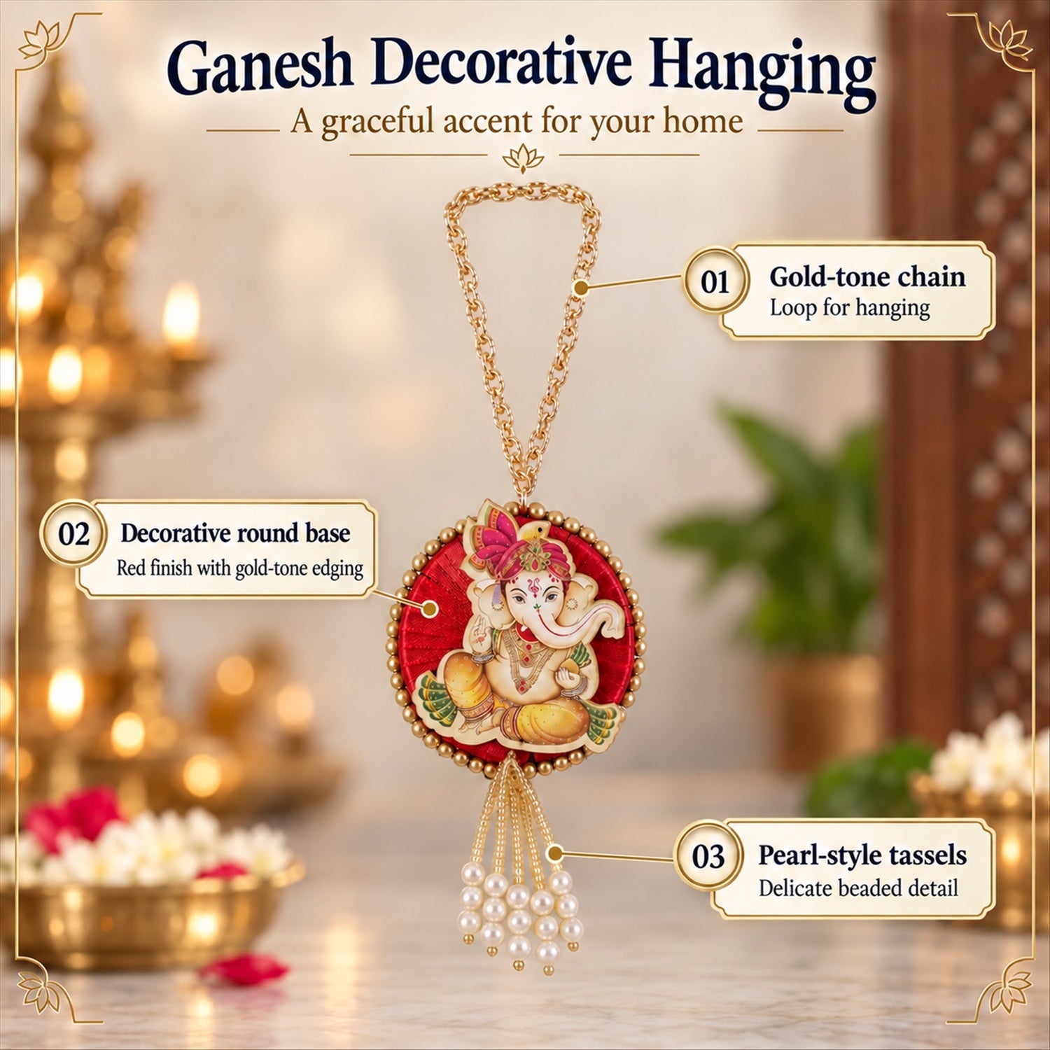 Ganesh decorative hanging with chain and bead tassels - design features