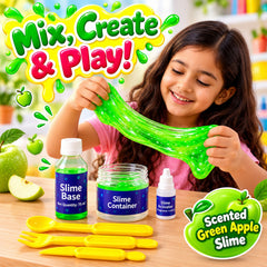 A happy child stretches green glitter slime, with a slime kit and green apple slices, text overlayed.
