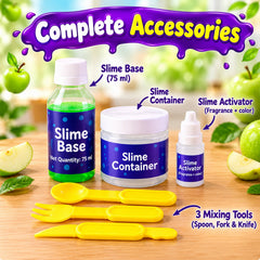Three slime making bottles and a container with three yellow mixing tools on a wooden surface.
