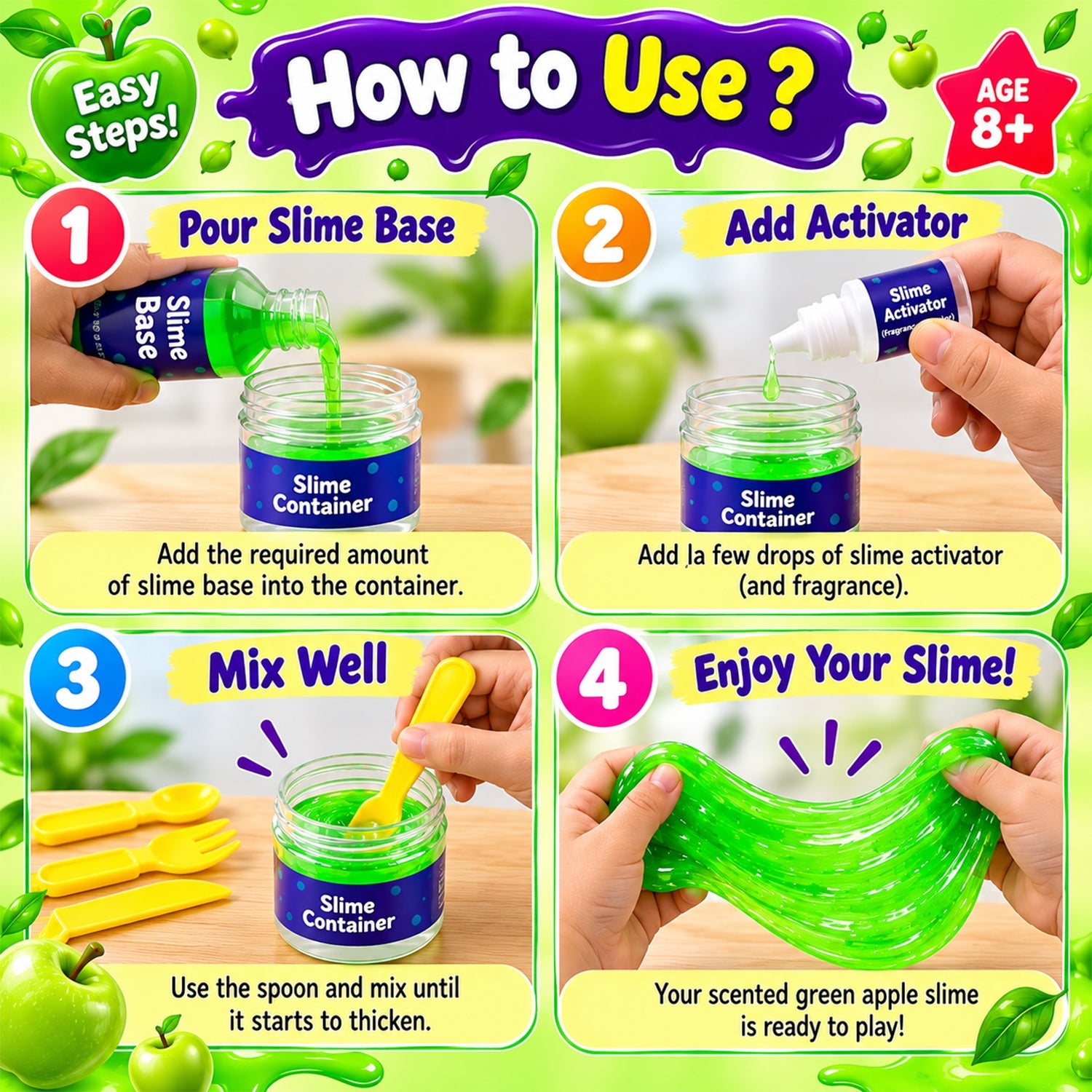 Four steps for making slime: pouring base, adding activator, mixing, and stretching the finished product.