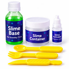 A slime base bottle, container, activator, and three yellow mixing tools on a plain white surface.