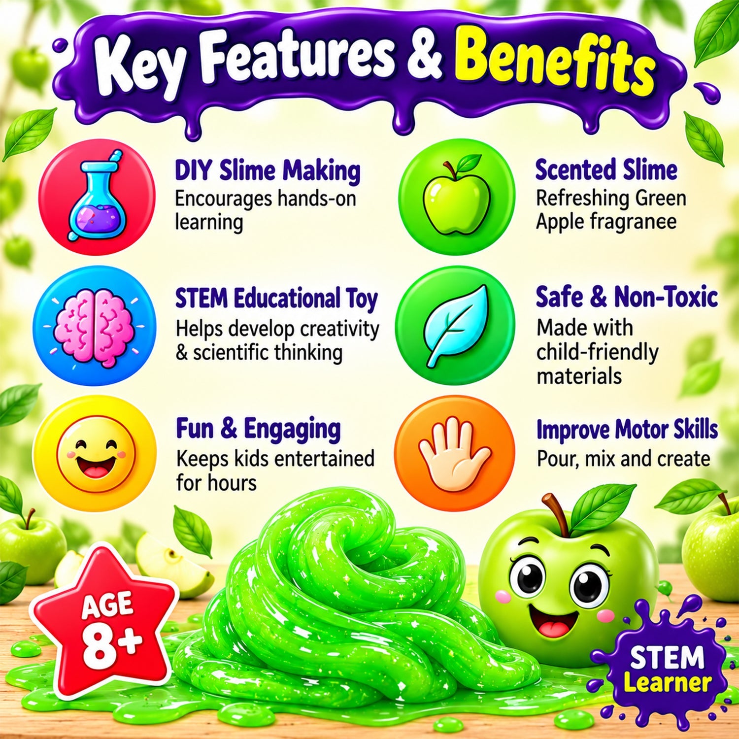 Eight icons illustrating key features and benefits of the slime kit, with green slime and apples.