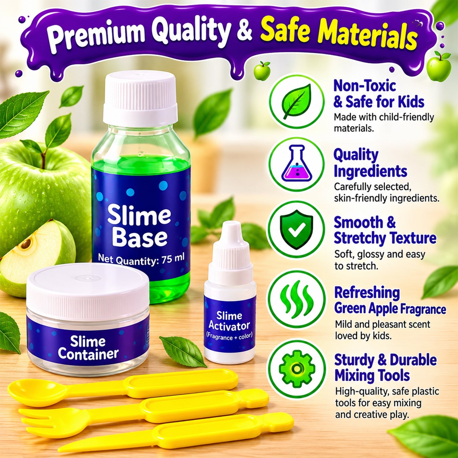 Slime kit components with six icons detailing premium quality and safe materials, including apple fragrance.