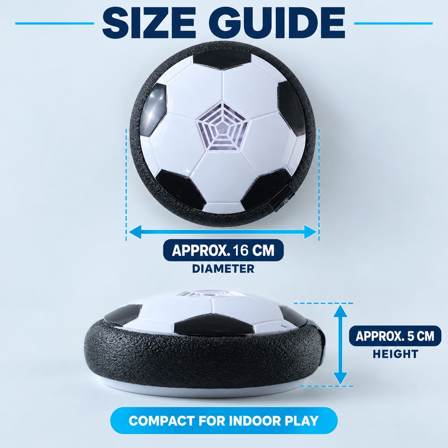 Two views of the hoverball soccer toy with dimensions: 16 cm diameter and 5 cm height, on a blue background.