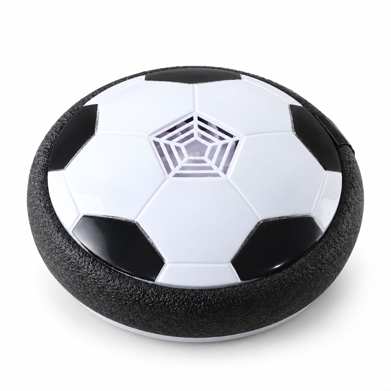 A white and black hoverball soccer toy with a central pentagonal grille is shown against a plain white background.