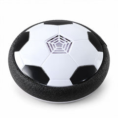 A white and black hoverball soccer toy with a central pentagonal grille is shown against a plain white background.