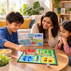A family plays Ludo on a colorful board with red, blue, yellow, and green pieces, smiling happily.