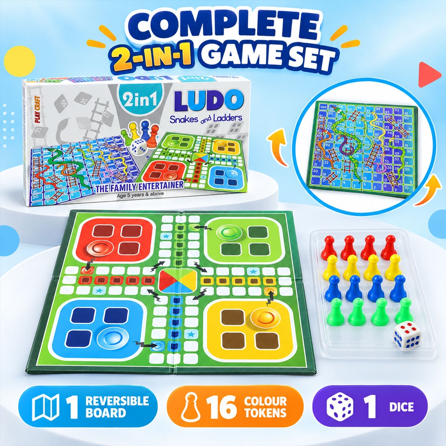 A complete 2-in-1 game set with a Ludo board, Snakes and Ladders board, sixteen tokens, and one dice.
