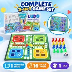 A complete 2-in-1 game set with a Ludo board, Snakes and Ladders board, sixteen tokens, and one dice.