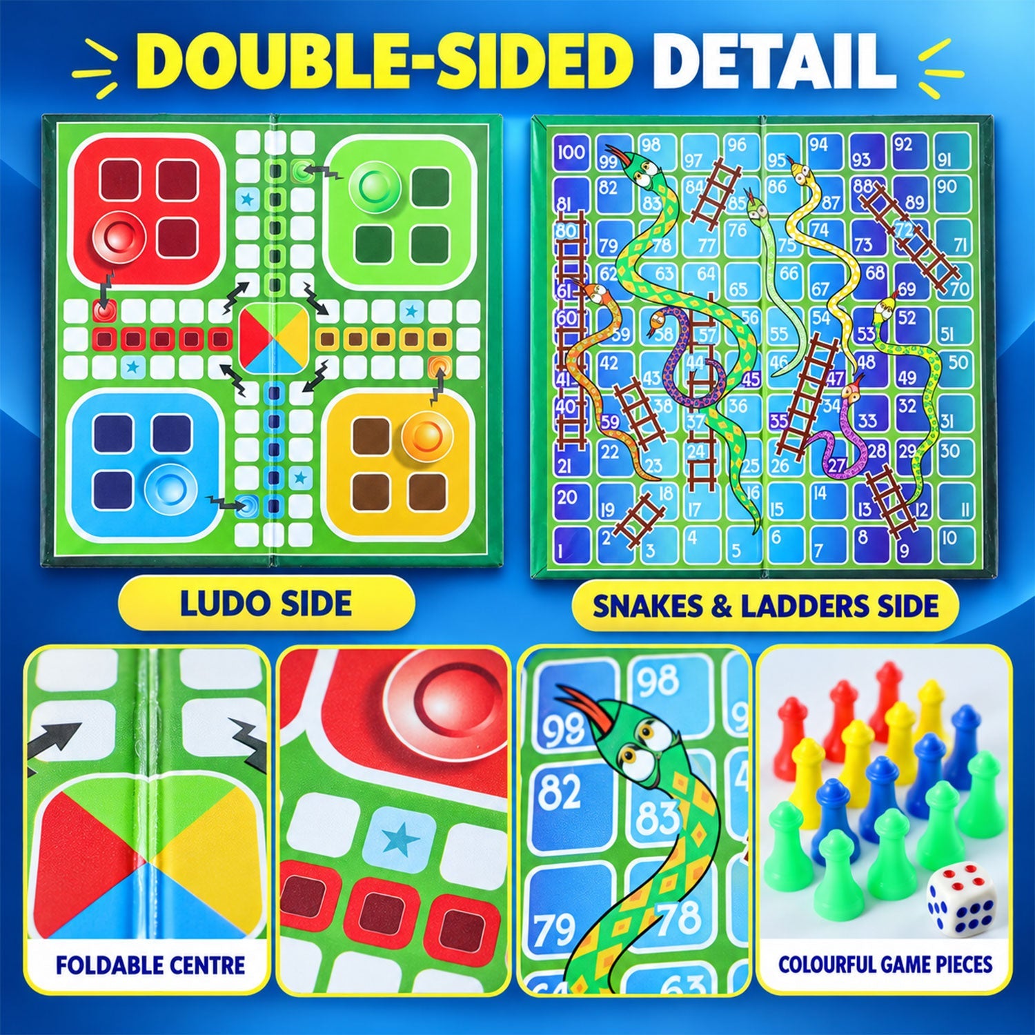 Close-up view of the double-sided game board, showing the Ludo side and the Snakes and Ladders side.