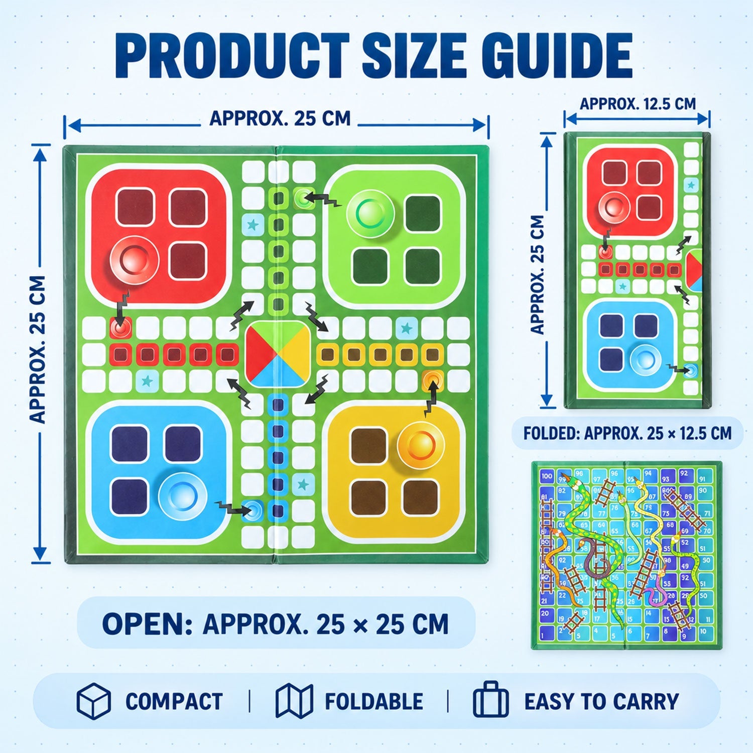 A product size guide showing the Ludo board open at 25x25 cm and folded at 25x12.5 cm.