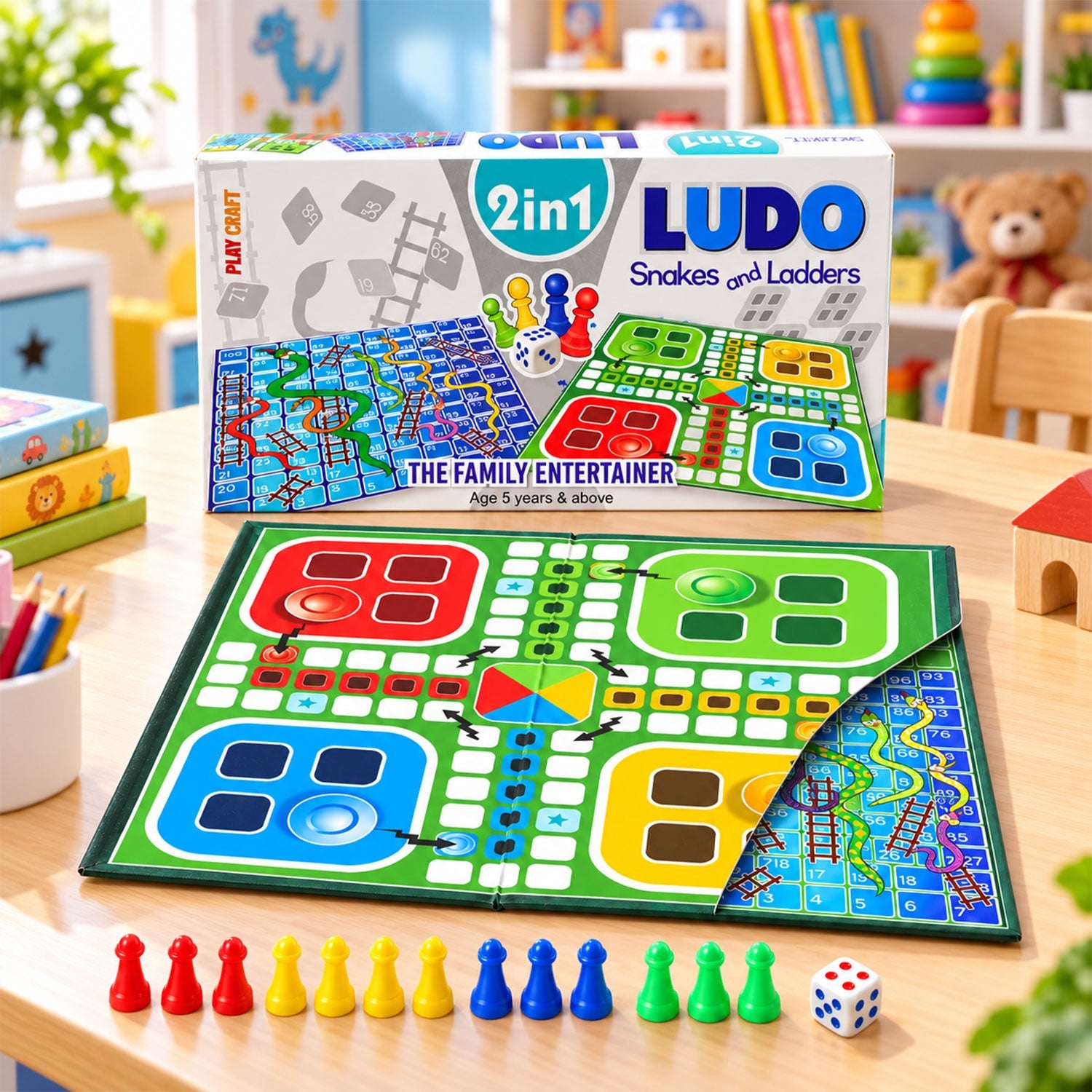 The Ludo and Snakes and Ladders game set displayed on a wooden table in a bright, organized room.