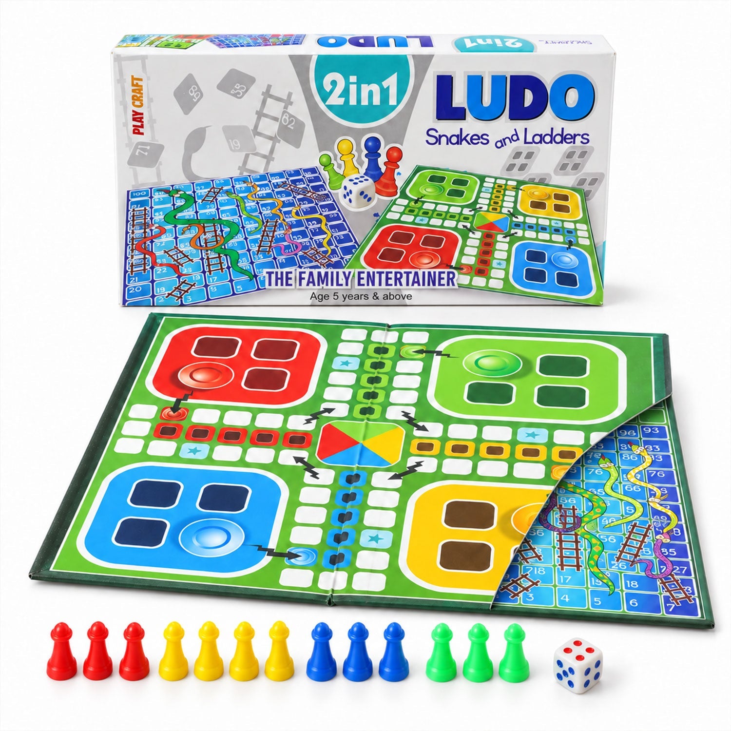 The Ludo and Snakes and Ladders game box, open board, colorful tokens, and a white dice on a plain surface.